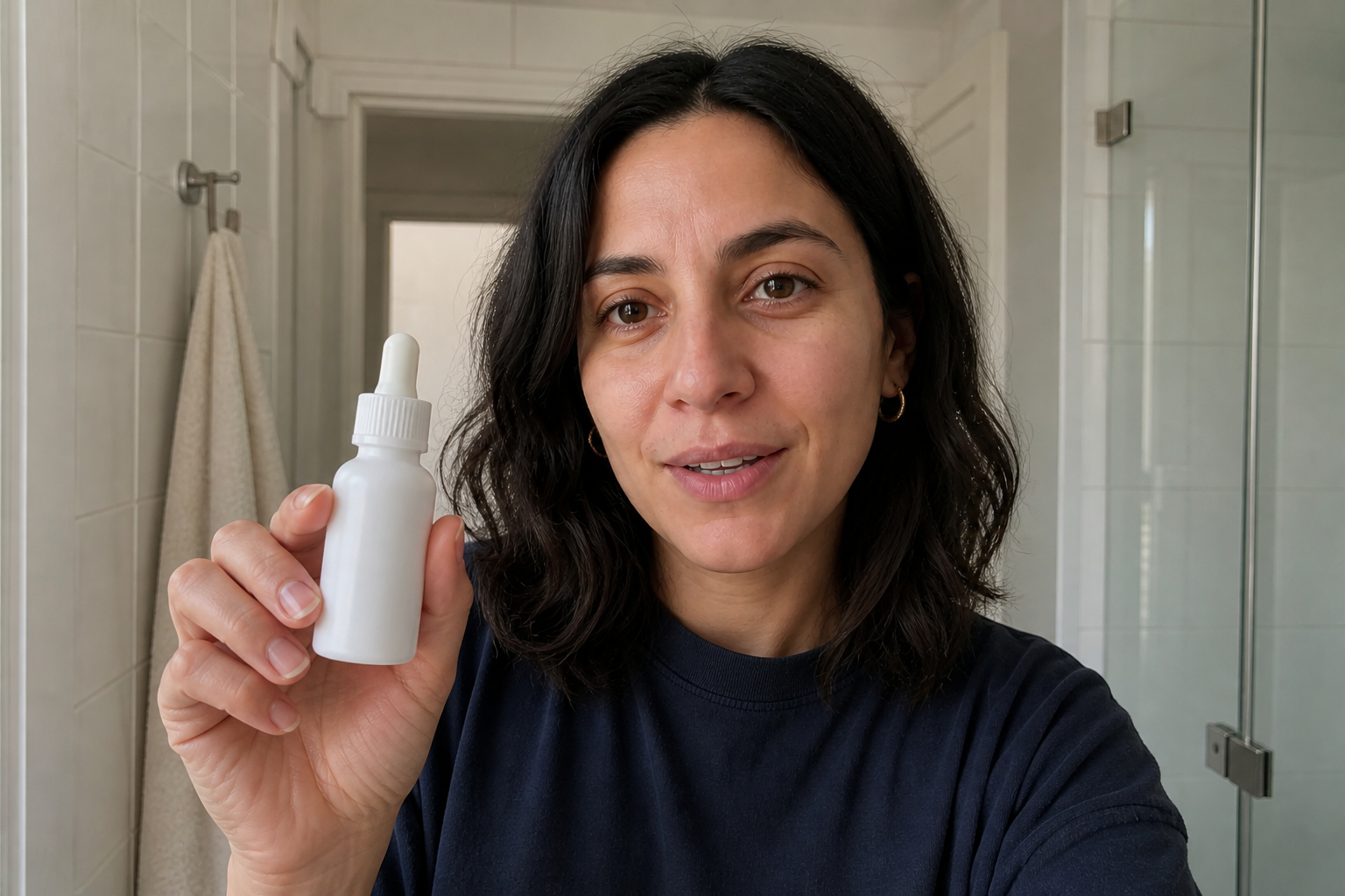 Brand A demo: same spokesperson holding a white dropper bottle