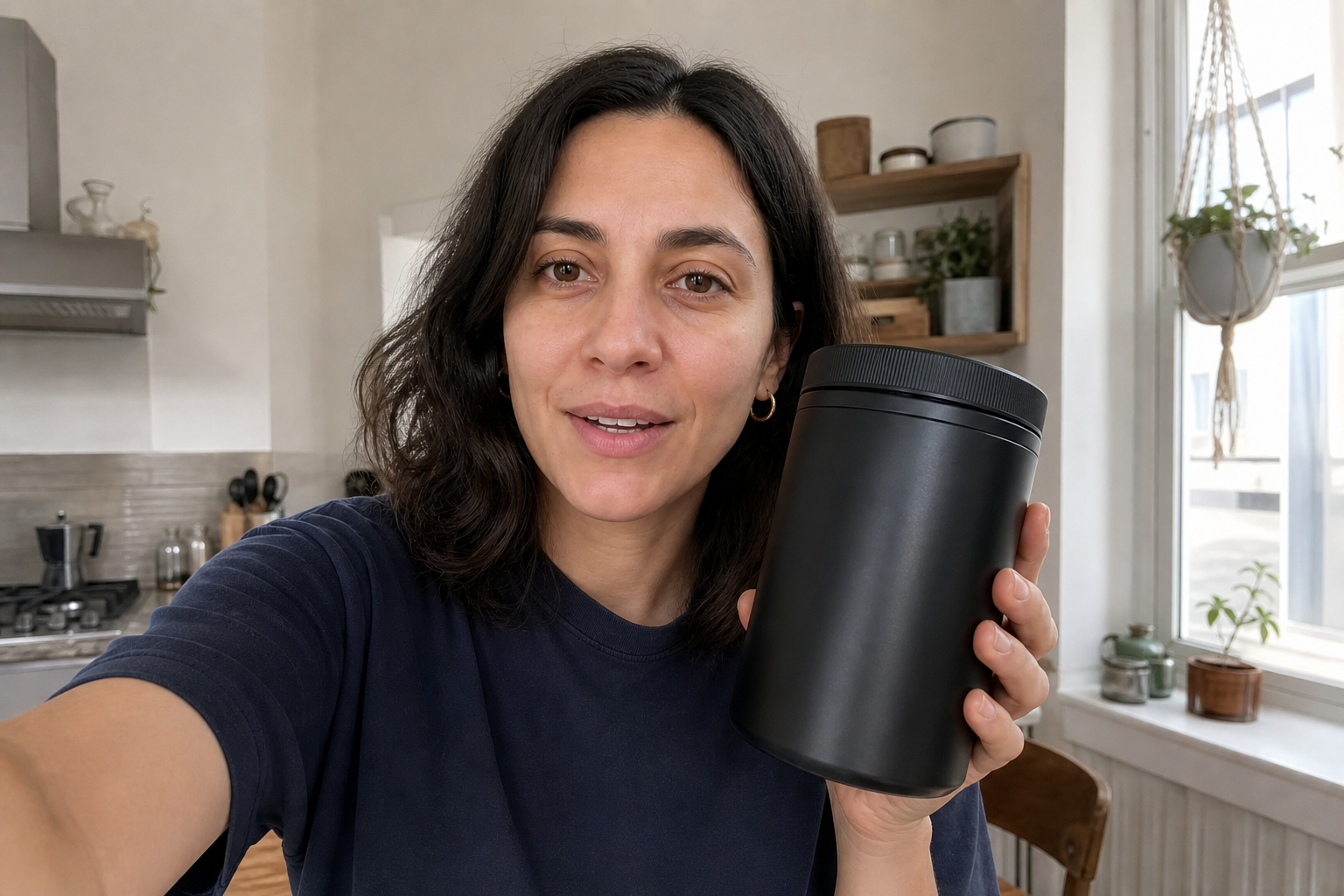 Brand B demo: same spokesperson holding a matte black tub