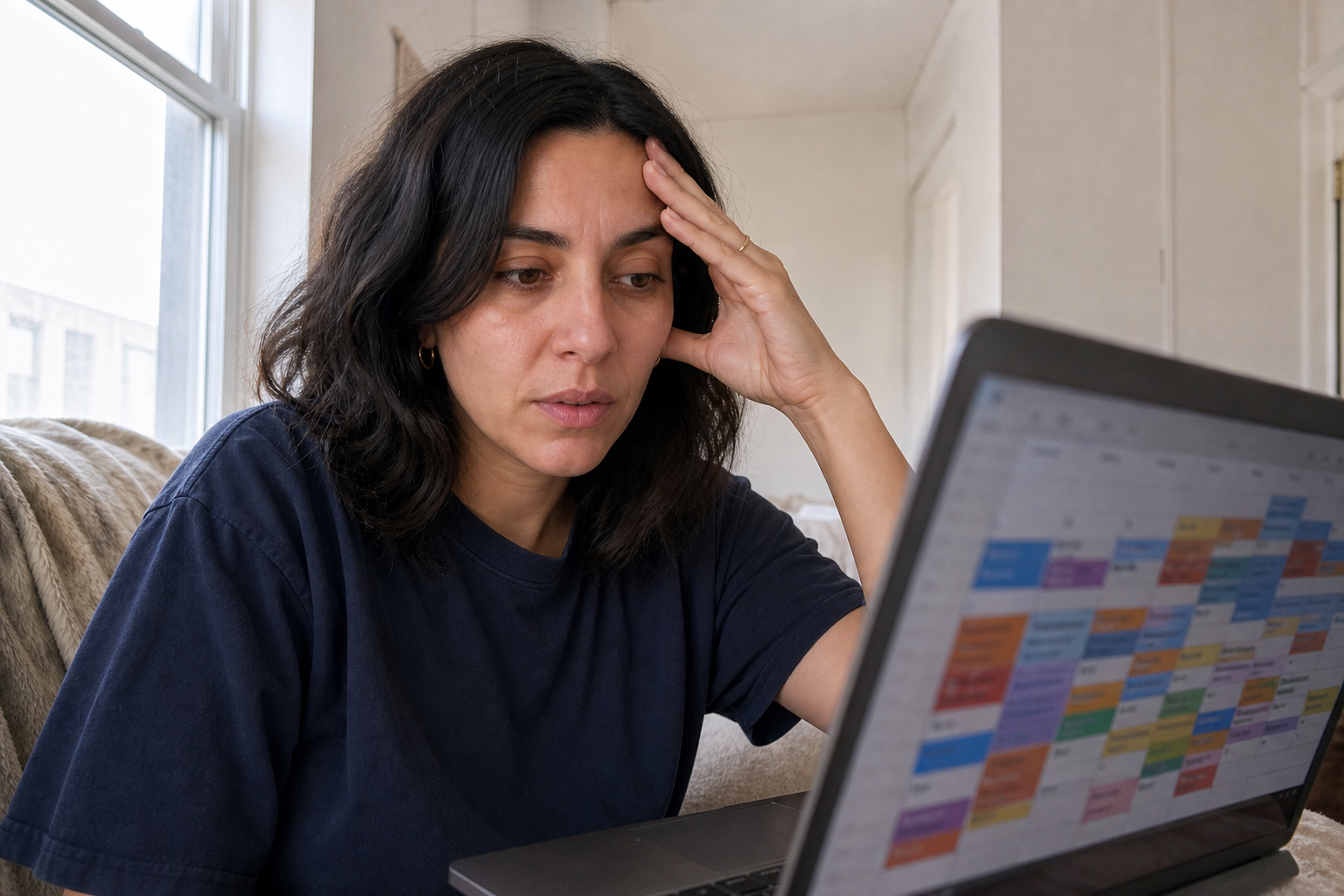 Brand C problem: same spokesperson at a chaotic calendar on a laptop